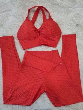 Red Textured Halter Sports Bra & High-Waist Leggings Set